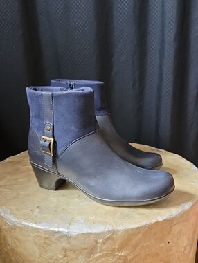 Clarks Navy Leather and Fabric Ankle Boots with Buckle